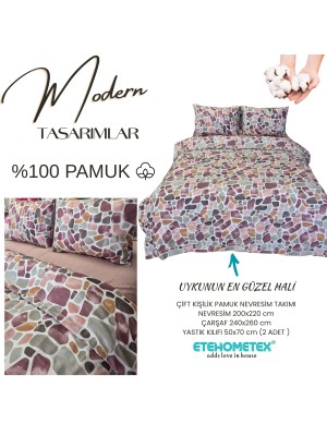 ETEHOMETEX %100 Pamuk Nevresim Takımı ÇİFT KİŞİLİK MOZAİK PUDRA 8696474232112